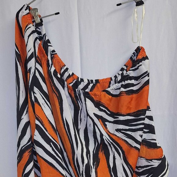 Share Michael Kors Women’s One Shoulder Striped Top Orange Black White Size L NW - Picture 1 of 5